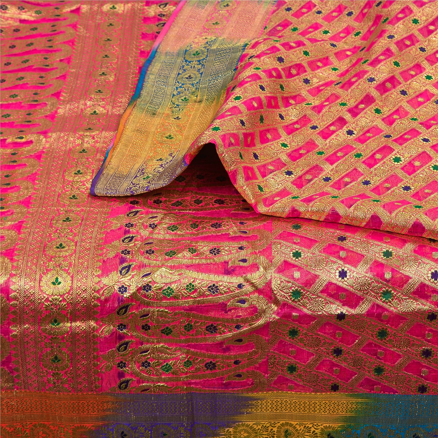 Sanskriti Vintage Pink Sarees Pure Silk Rankat Zari Hand Woven Brocade 5 Yard