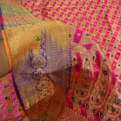 Sanskriti Vintage Pink Sarees Pure Silk Rankat Zari Hand Woven Brocade 5 Yard