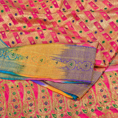 Sanskriti Vintage Pink Sarees Pure Silk Rankat Zari Hand Woven Brocade 5 Yard