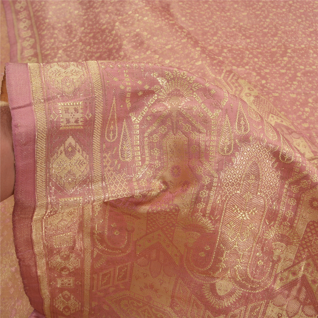 Sanskriti Vintage Saree 100% Pure Satin Silk Pink Sarees Zari Hand Woven Brocade/Banarasi 5+Yard Craft Fabric Upcycled Sarongs Scarves