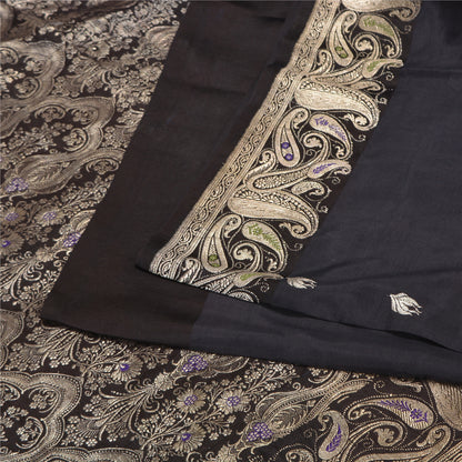 Sanskriti Vintage Black Sarees Pure Satin Silk Brocade/Banarasi Zari Sari Fabric