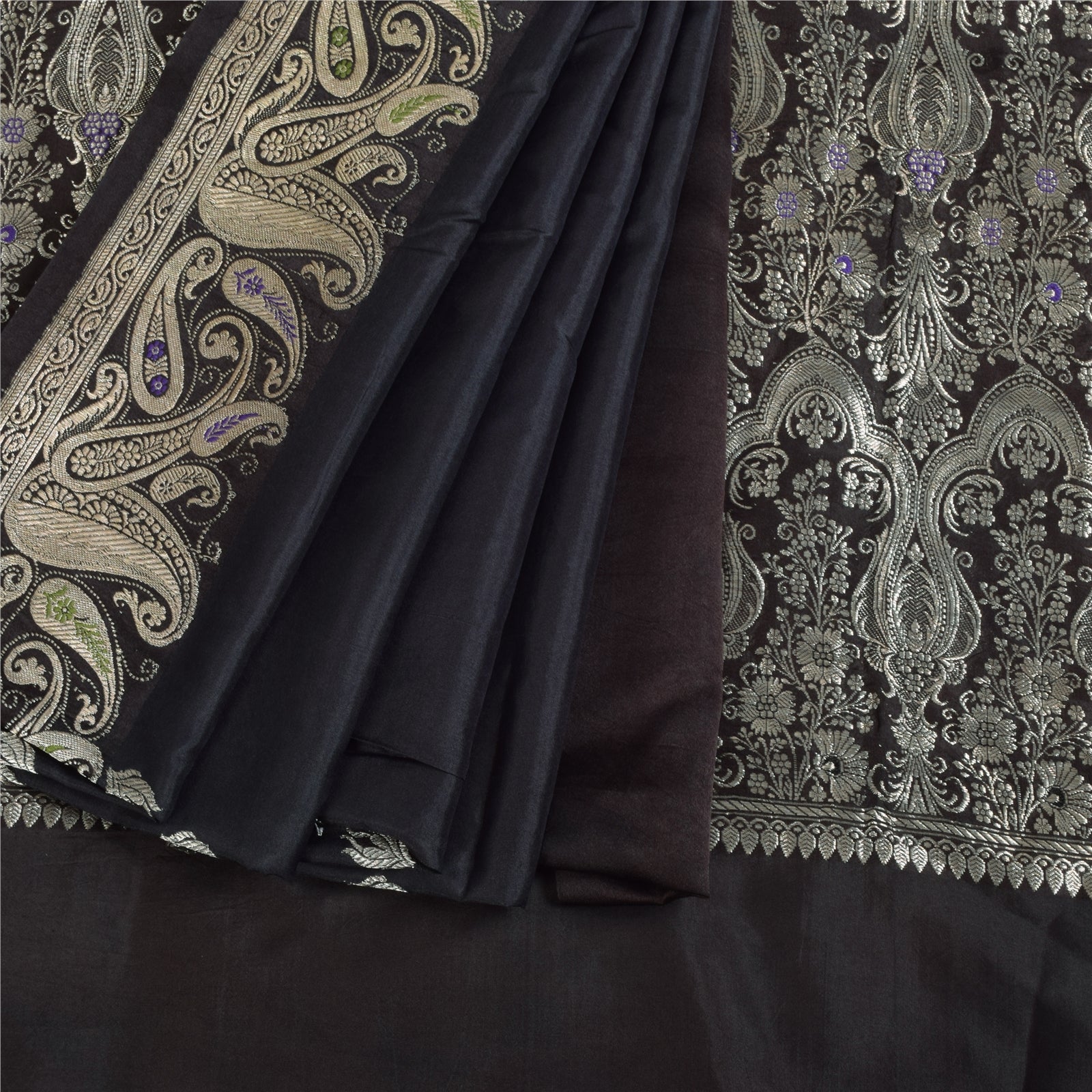 Sanskriti Vintage Saree 100% Pure Satin Silk Wedding Brocade Black & Golden Sarees BanarasiZari Hand Woven 6YD Craft Fabric Dress Meterial