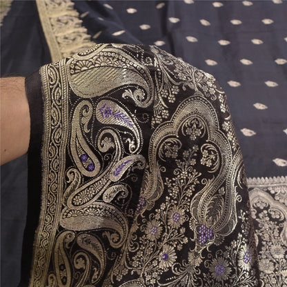 Sanskriti Vintage Black Sarees Pure Satin Silk Brocade/Banarasi Zari Sari Fabric