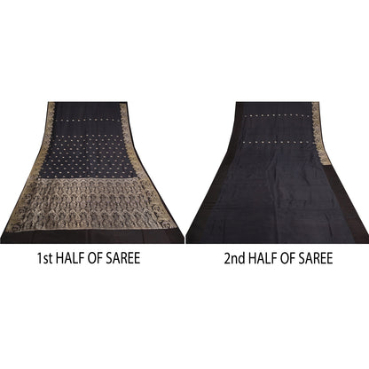 Sanskriti Vintage Black Sarees Pure Satin Silk Brocade/Banarasi Zari Sari Fabric