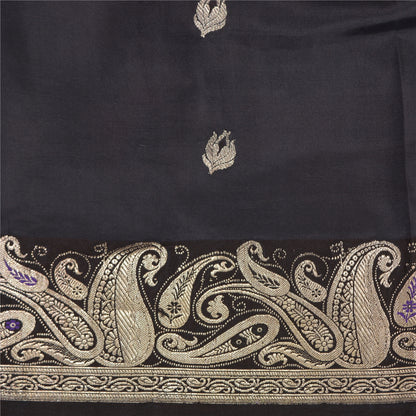 Sanskriti Vintage Black Sarees Pure Satin Silk Brocade/Banarasi Zari Sari Fabric