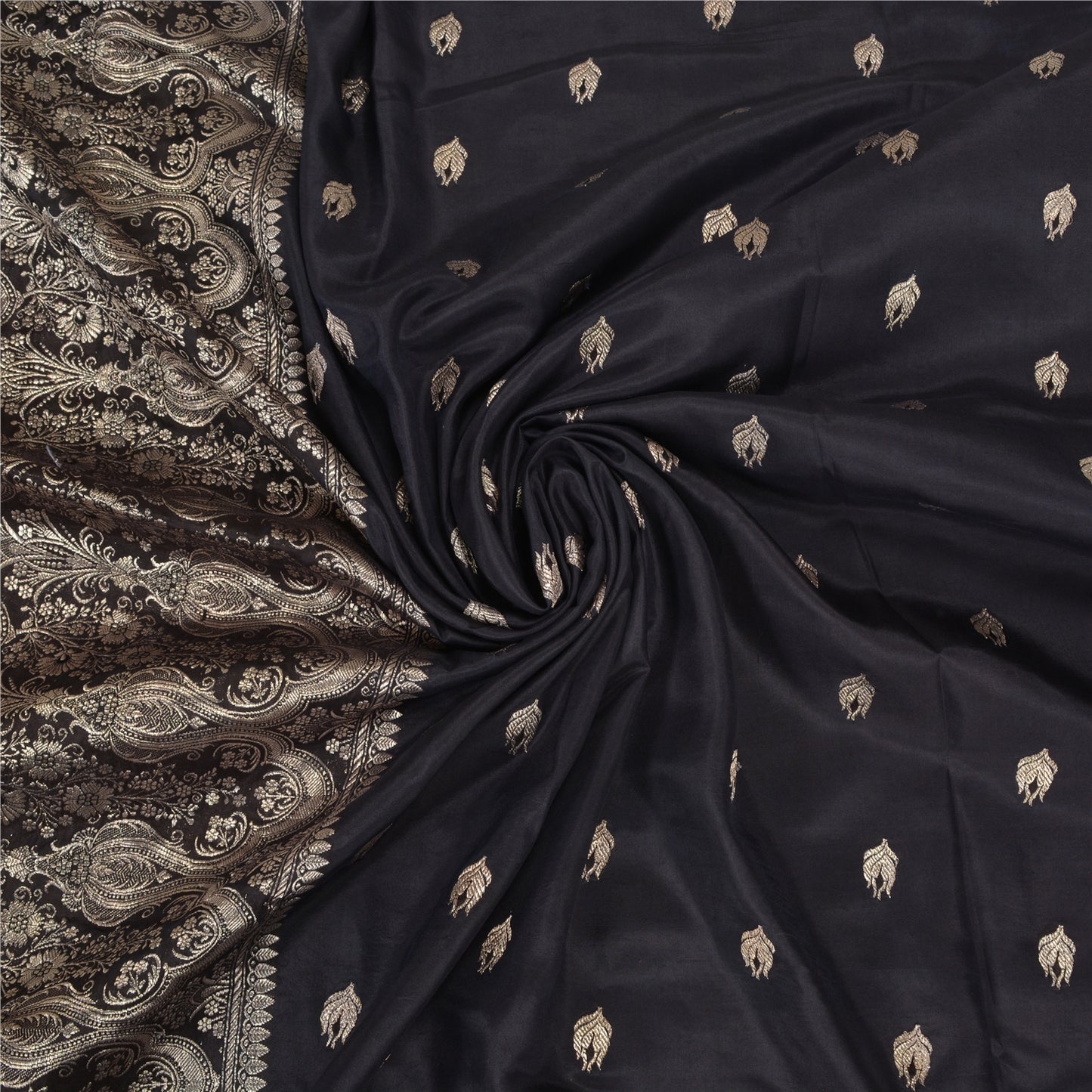 Sanskriti Vintage Black Sarees Pure Satin Silk Brocade/Banarasi Zari Sari Fabric