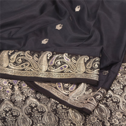 Sanskriti Vintage Black Sarees Pure Satin Silk Brocade/Banarasi Zari Sari Fabric