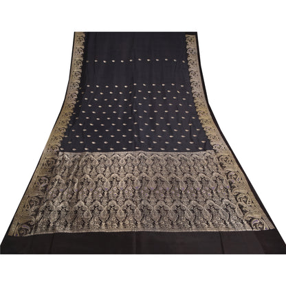 Sanskriti Vintage Black Sarees Pure Satin Silk Brocade/Banarasi Zari Sari Fabric