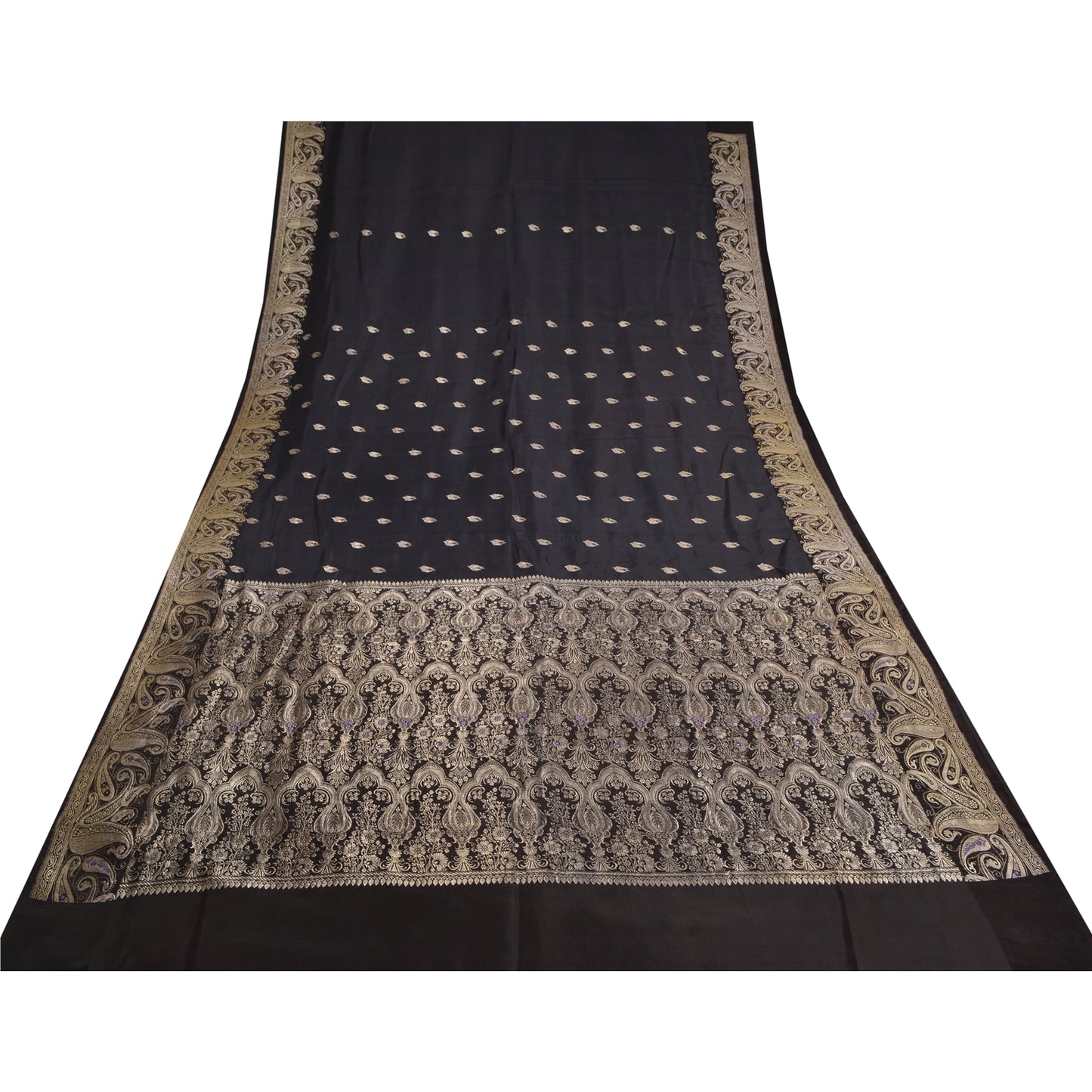 Sanskriti Vintage Black Sarees Pure Satin Silk Brocade/Banarasi Zari Sari Fabric