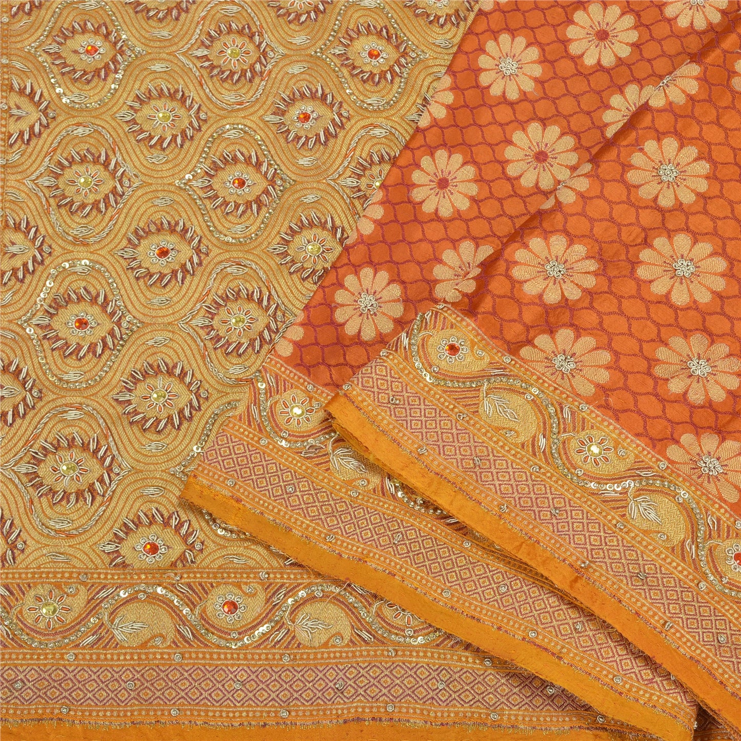 Sanskriti Vintage Saffron Sarees Pure Satin Silk Brocade/Banarasi Sari Fabric