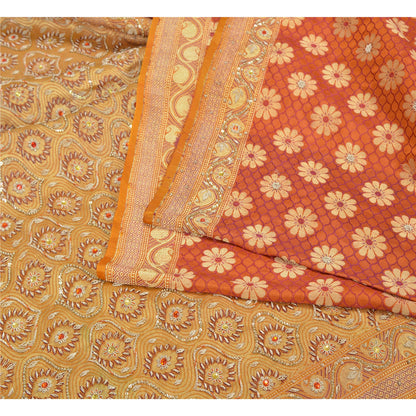 Sanskriti Vintage Saffron Sarees Pure Satin Silk Brocade/Banarasi Sari Fabric