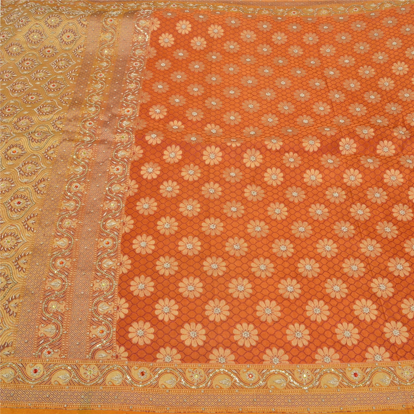Sanskriti Vintage Saffron Sarees Pure Satin Silk Brocade/Banarasi Sari Fabric