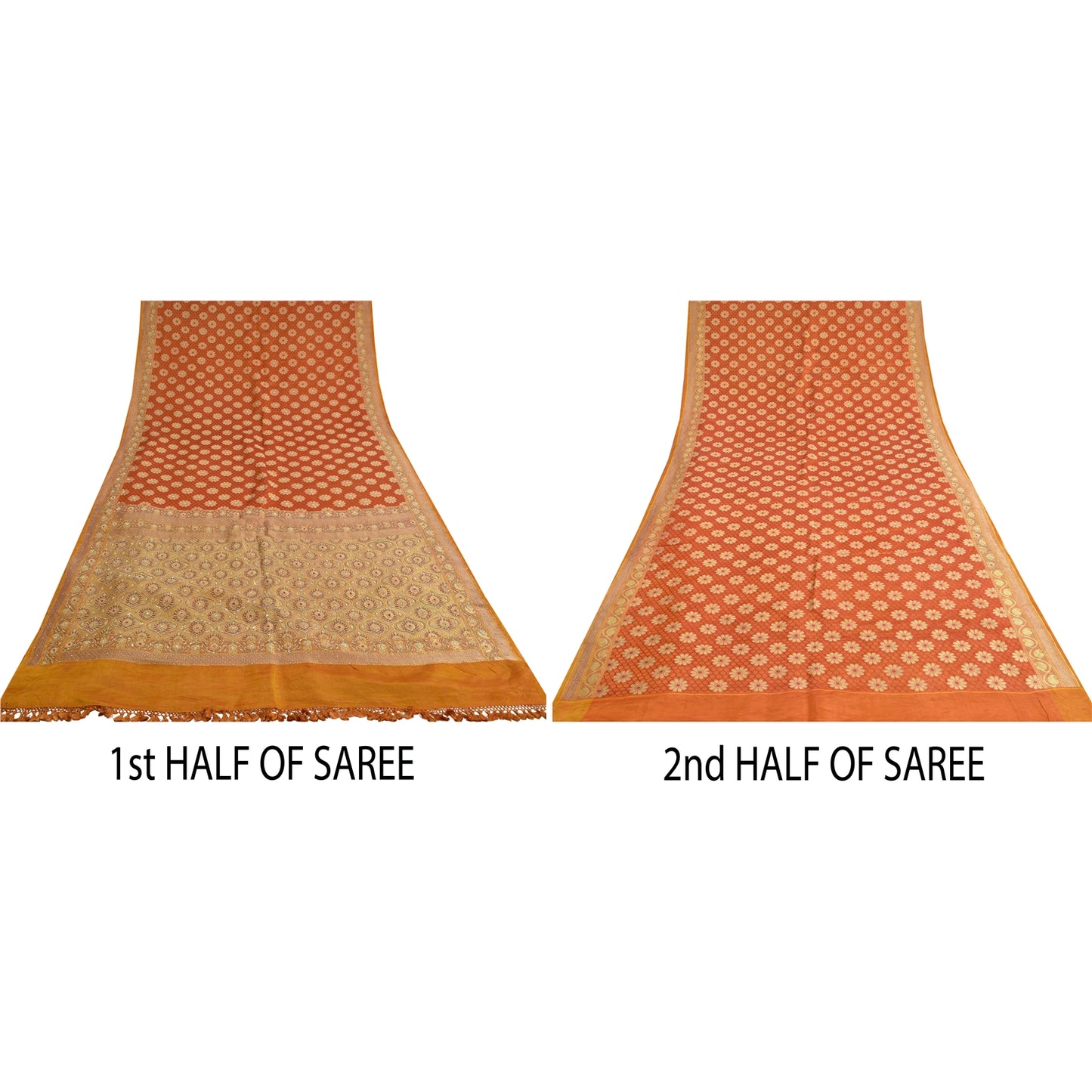 Sanskriti Vintage Saffron Sarees Pure Satin Silk Brocade/Banarasi Sari Fabric
