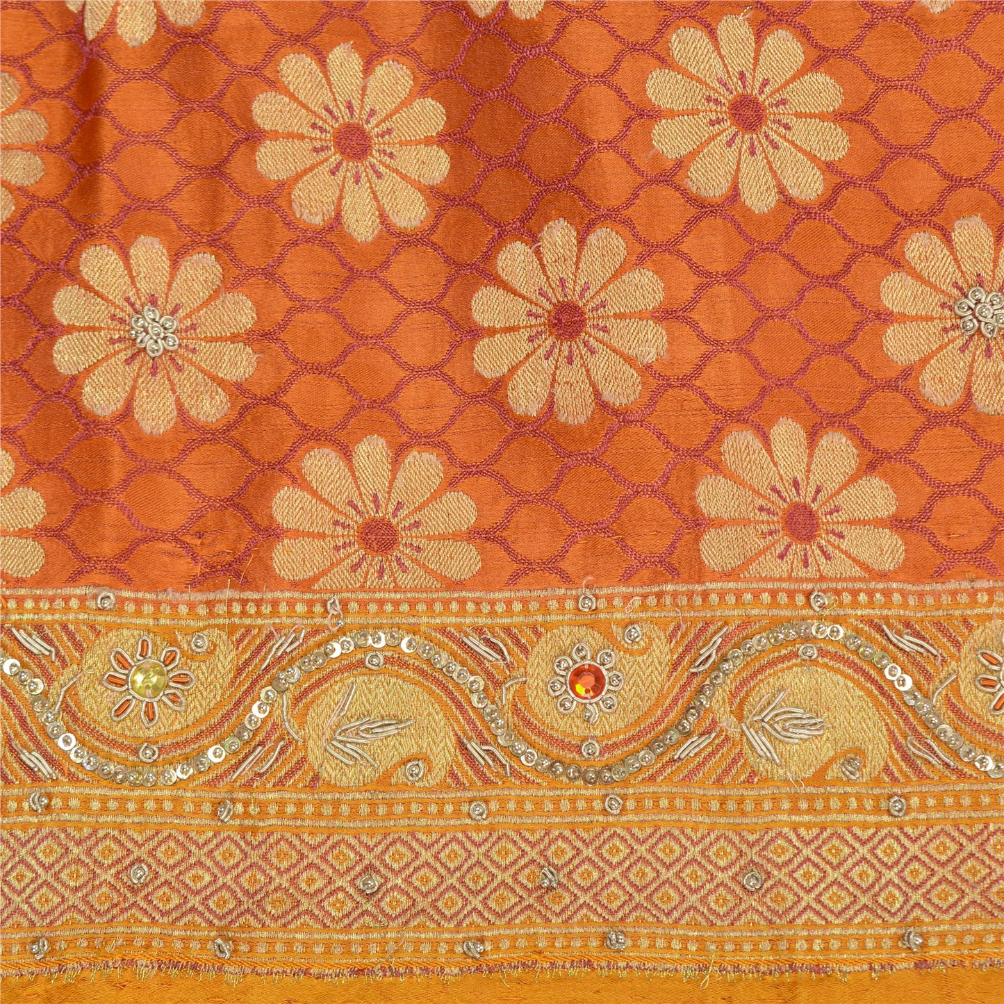Sanskriti Vintage Saffron Sarees Pure Satin Silk Brocade/Banarasi Sari Fabric
