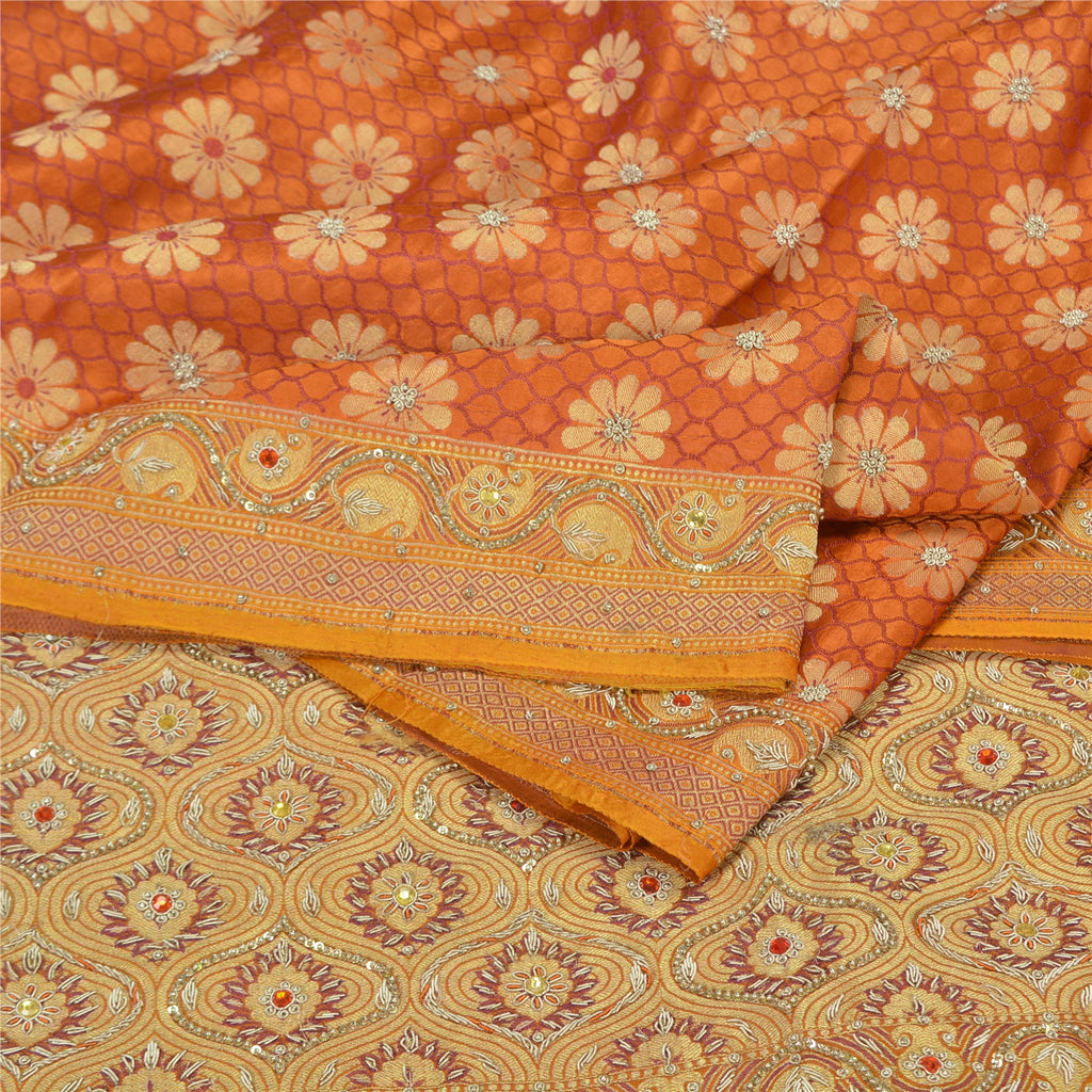 Sanskriti Vintage Saffron Sarees Pure Satin Silk Brocade/Banarasi Sari Fabric