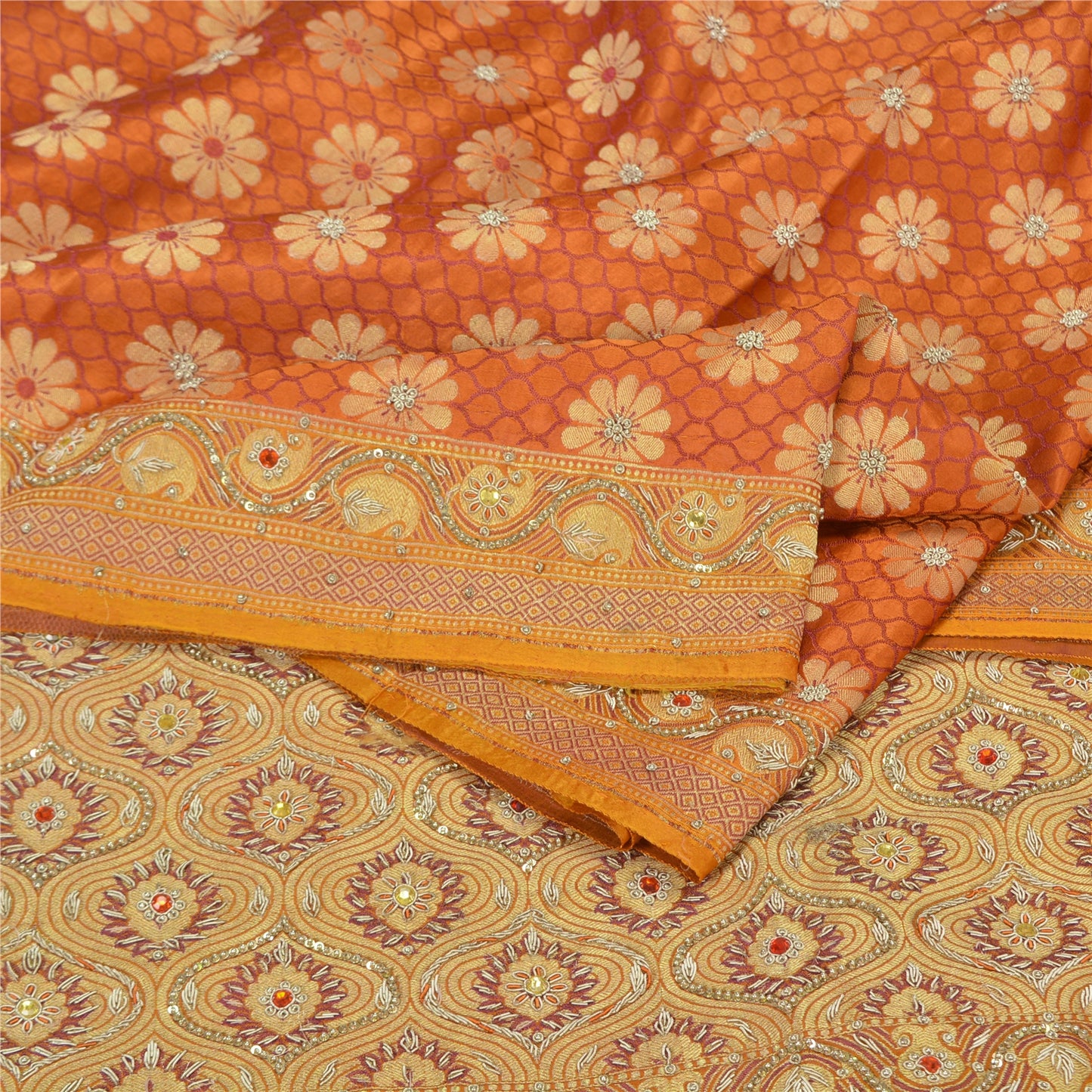 Sanskriti Vintage Saffron Sarees Pure Satin Silk Brocade/Banarasi Sari Fabric