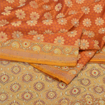 Sanskriti Vintage Saffron Sarees Pure Satin Silk Brocade/Banarasi Sari Fabric