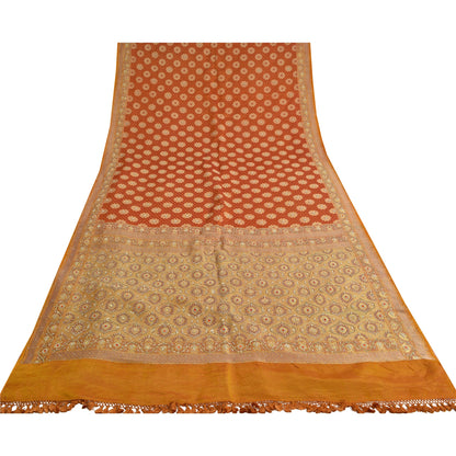 Sanskriti Vintage Saffron Sarees Pure Satin Silk Brocade/Banarasi Sari Fabric