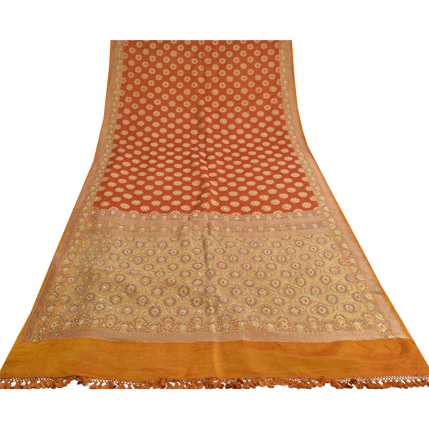 Sanskriti Vintage Saffron Sarees Pure Satin Silk Brocade/Banarasi Sari Fabric