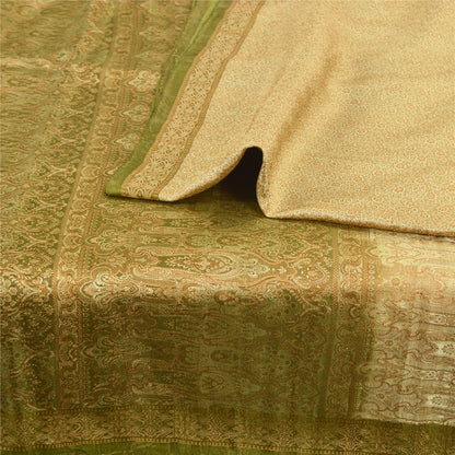 Sanskriti Vintage Green Sarees Pure Satin Silk Banarasi Hand Woven Tanchoi Sari