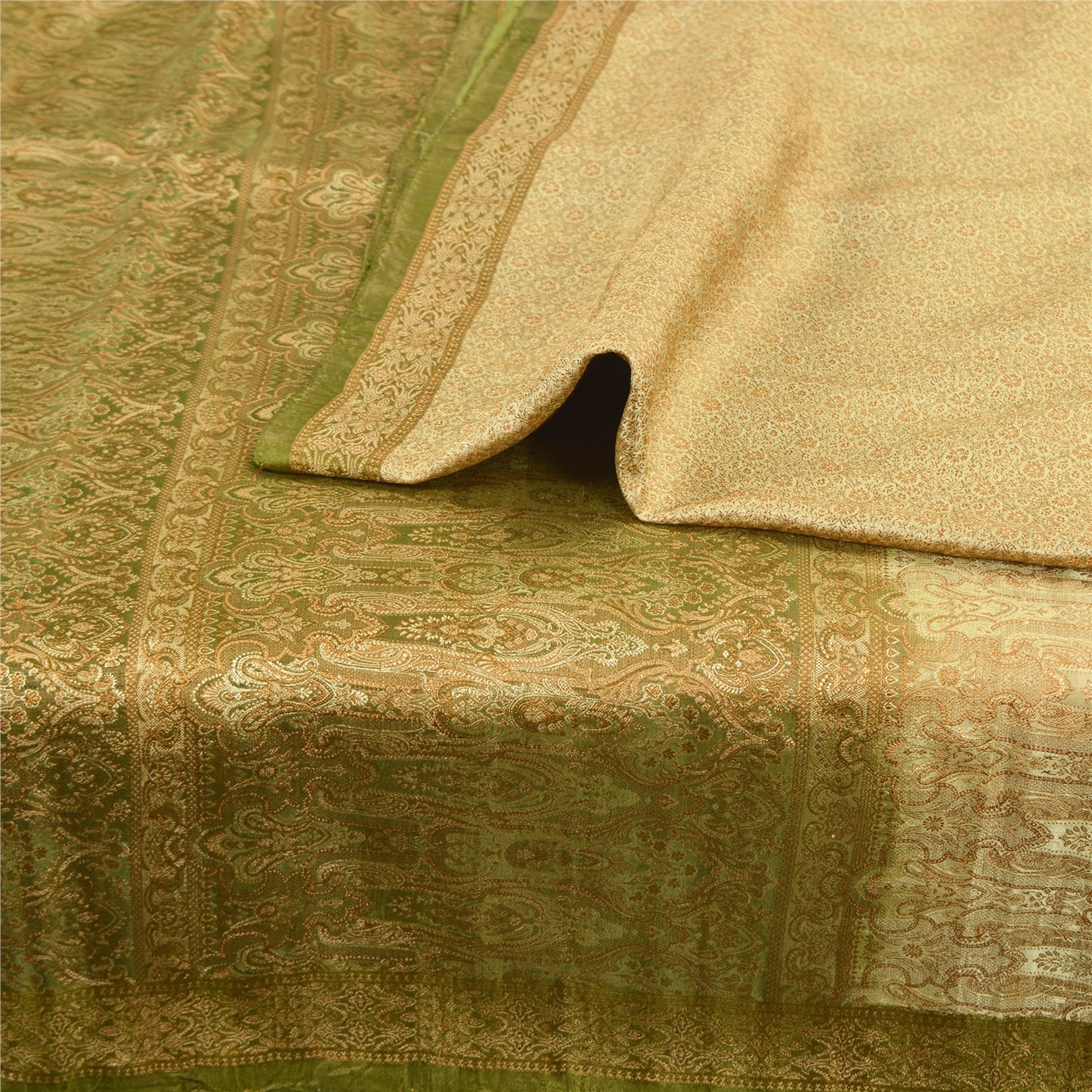 Sanskriti Vintage Green Sarees Pure Satin Silk Banarasi Hand Woven Tanchoi Sari