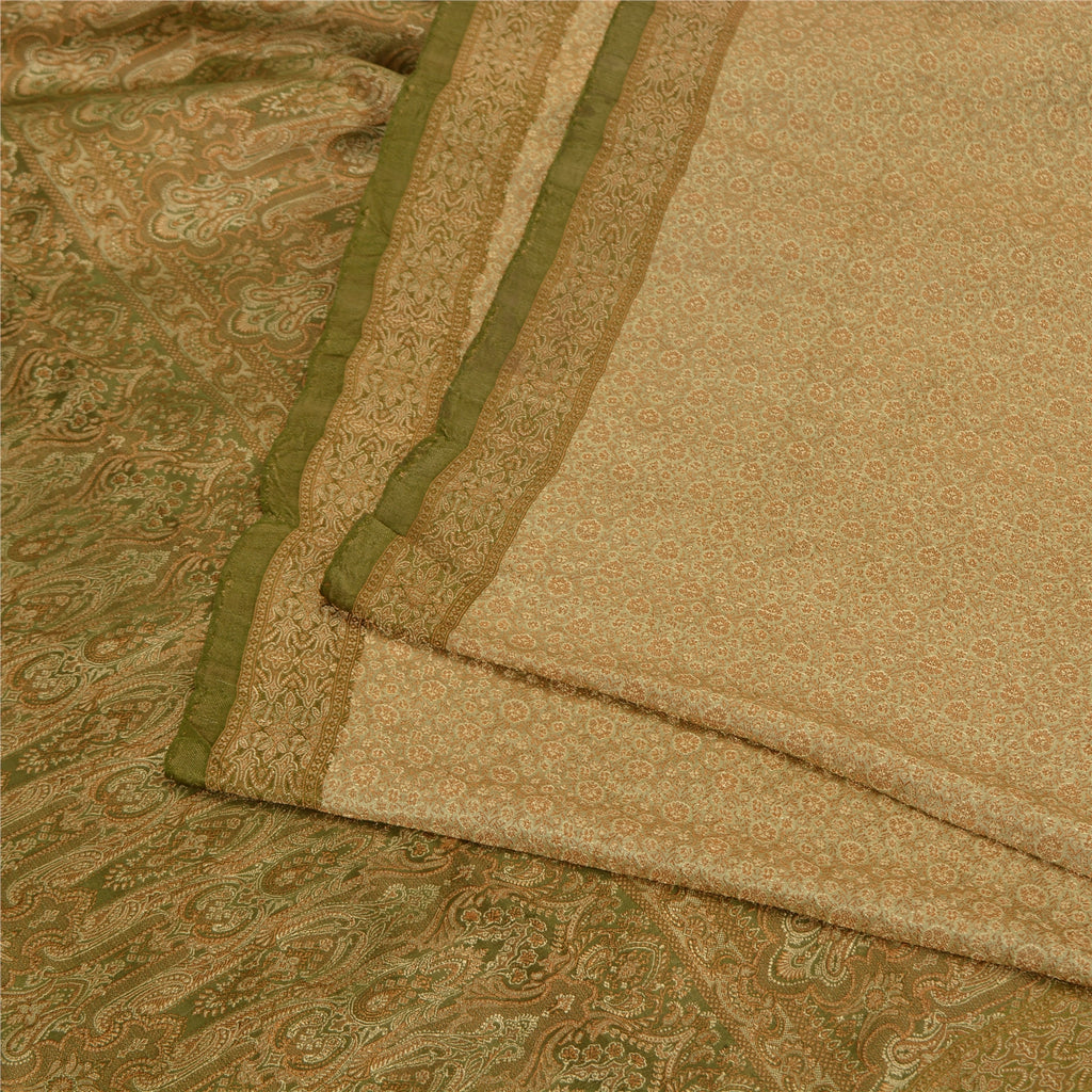 Sanskriti Vintage Green Sarees Pure Satin Silk Banarasi Hand Woven Tanchoi Sari
