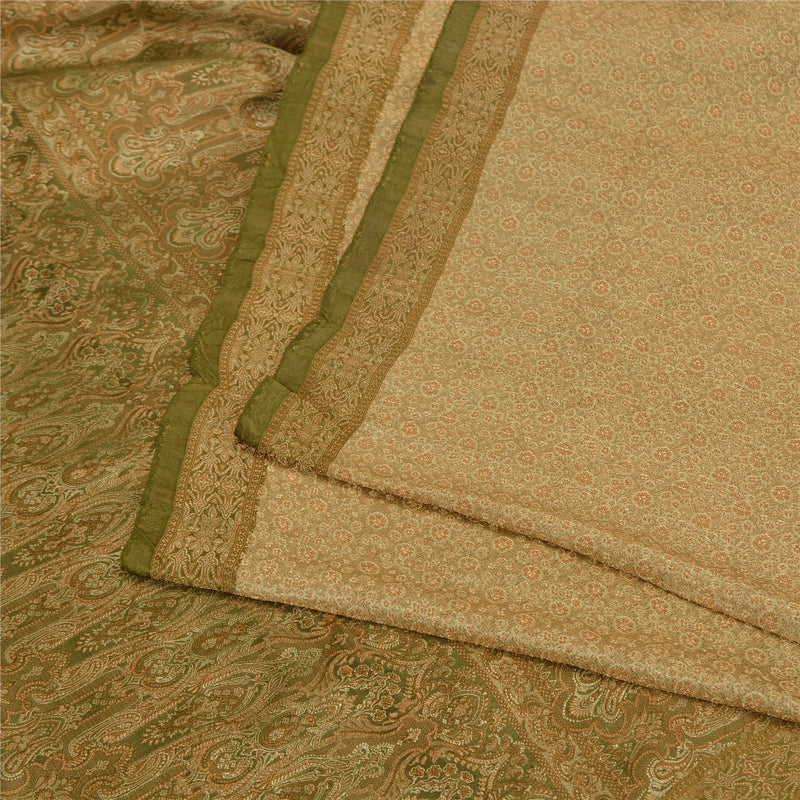 Sanskriti Vintage Saree 100% Pure Satin Silk Green Banarasi Wedding Woven Tanchoi Sarees 5+Yd Fabric Indian Craft Supplies Fabric Material