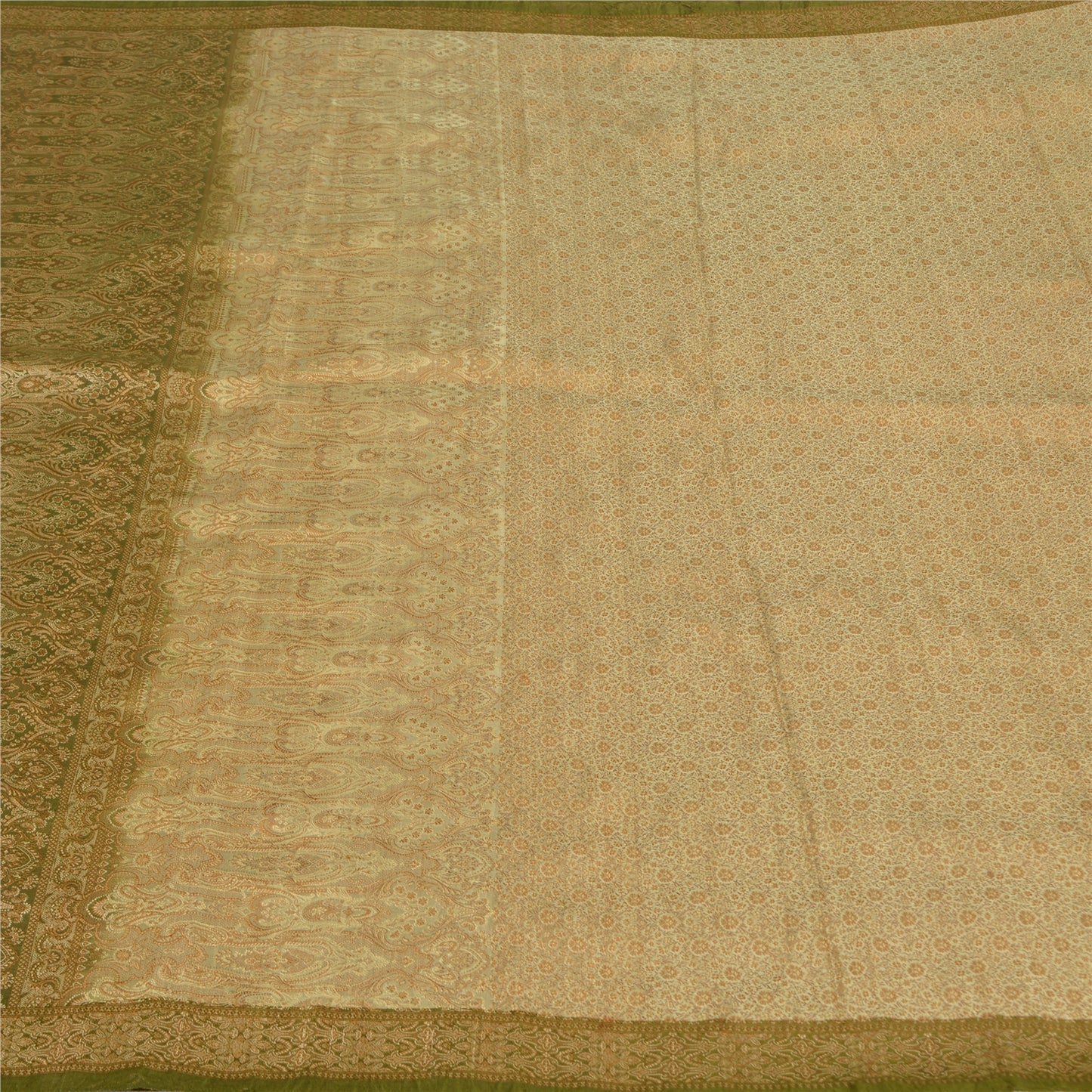 Sanskriti Vintage Green Sarees Pure Satin Silk Banarasi Hand Woven Tanchoi Sari