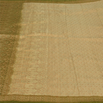 Sanskriti Vintage Green Sarees Pure Satin Silk Banarasi Hand Woven Tanchoi Sari