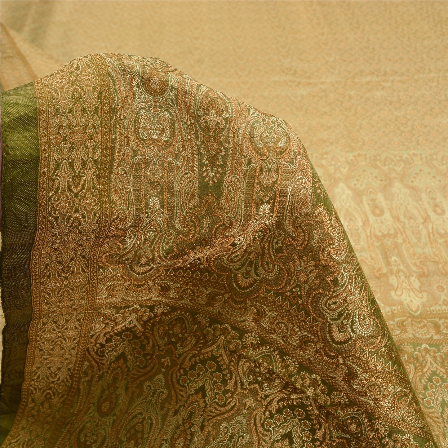 Sanskriti Vintage Green Sarees Pure Satin Silk Banarasi Hand Woven Tanchoi Sari