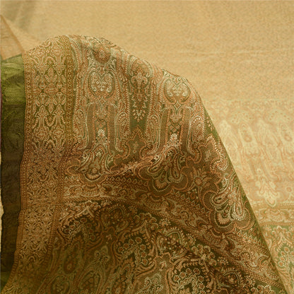 Sanskriti Vintage Green Sarees Pure Satin Silk Banarasi Hand Woven Tanchoi Sari