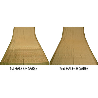 Sanskriti Vintage Green Sarees Pure Satin Silk Banarasi Hand Woven Tanchoi Sari