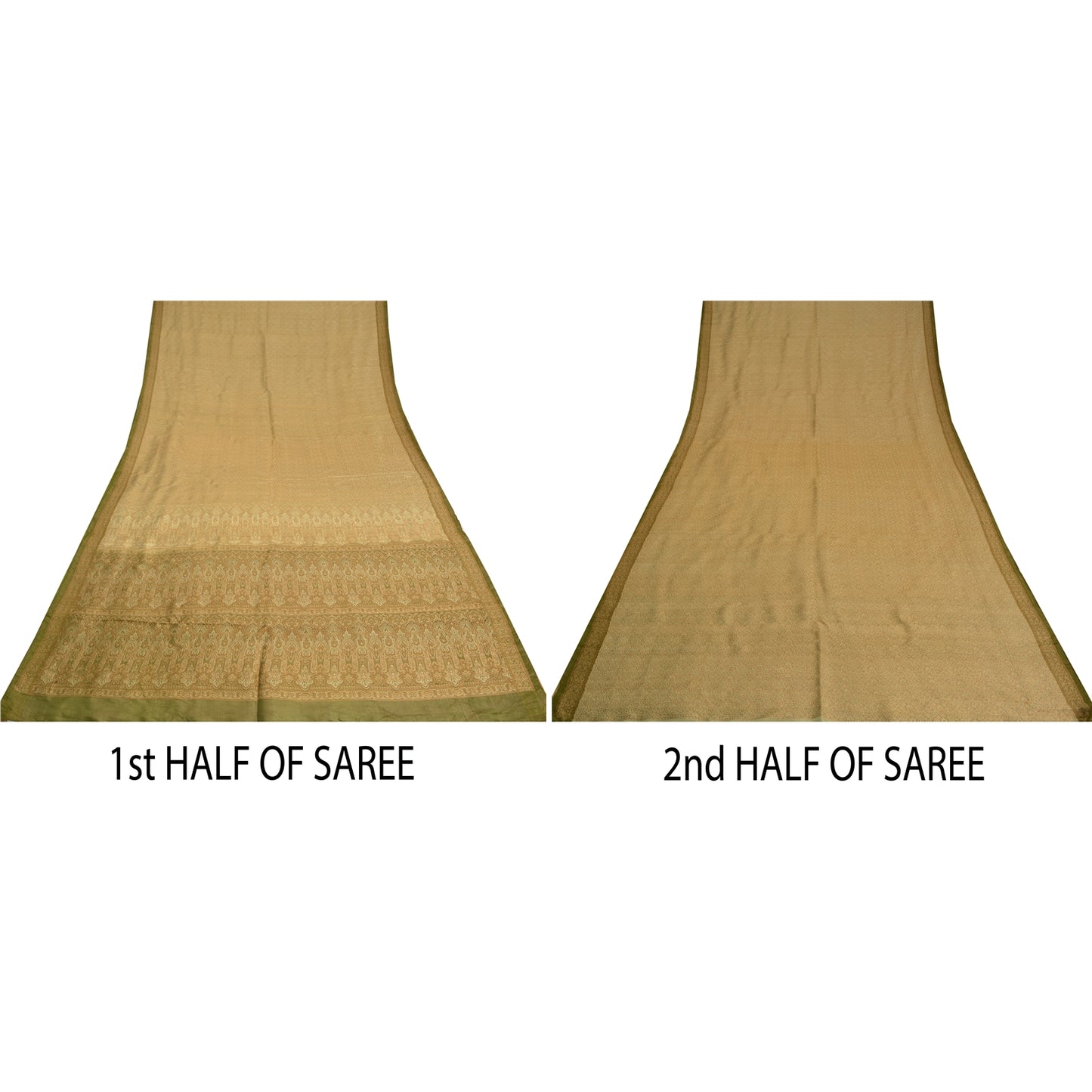 Sanskriti Vintage Green Sarees Pure Satin Silk Banarasi Hand Woven Tanchoi Sari