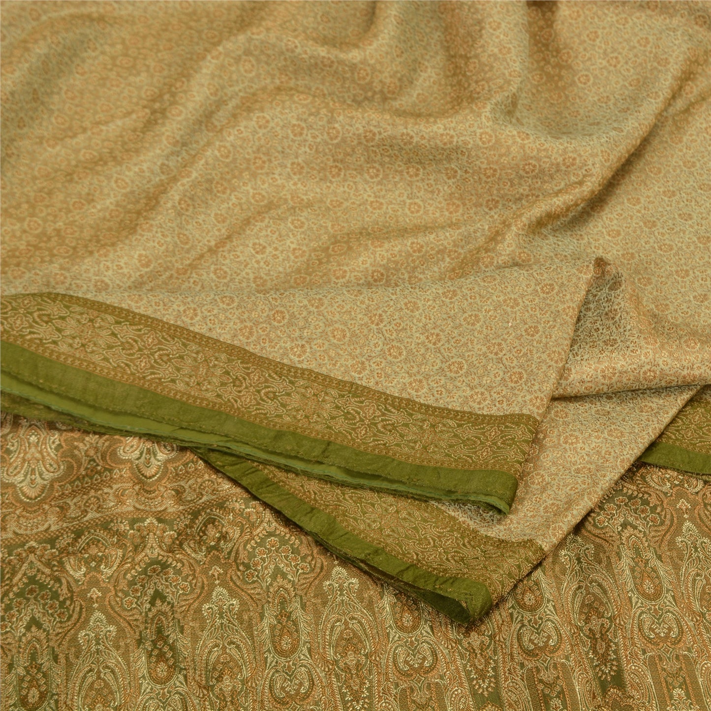 Sanskriti Vintage Green Sarees Pure Satin Silk Banarasi Hand Woven Tanchoi Sari