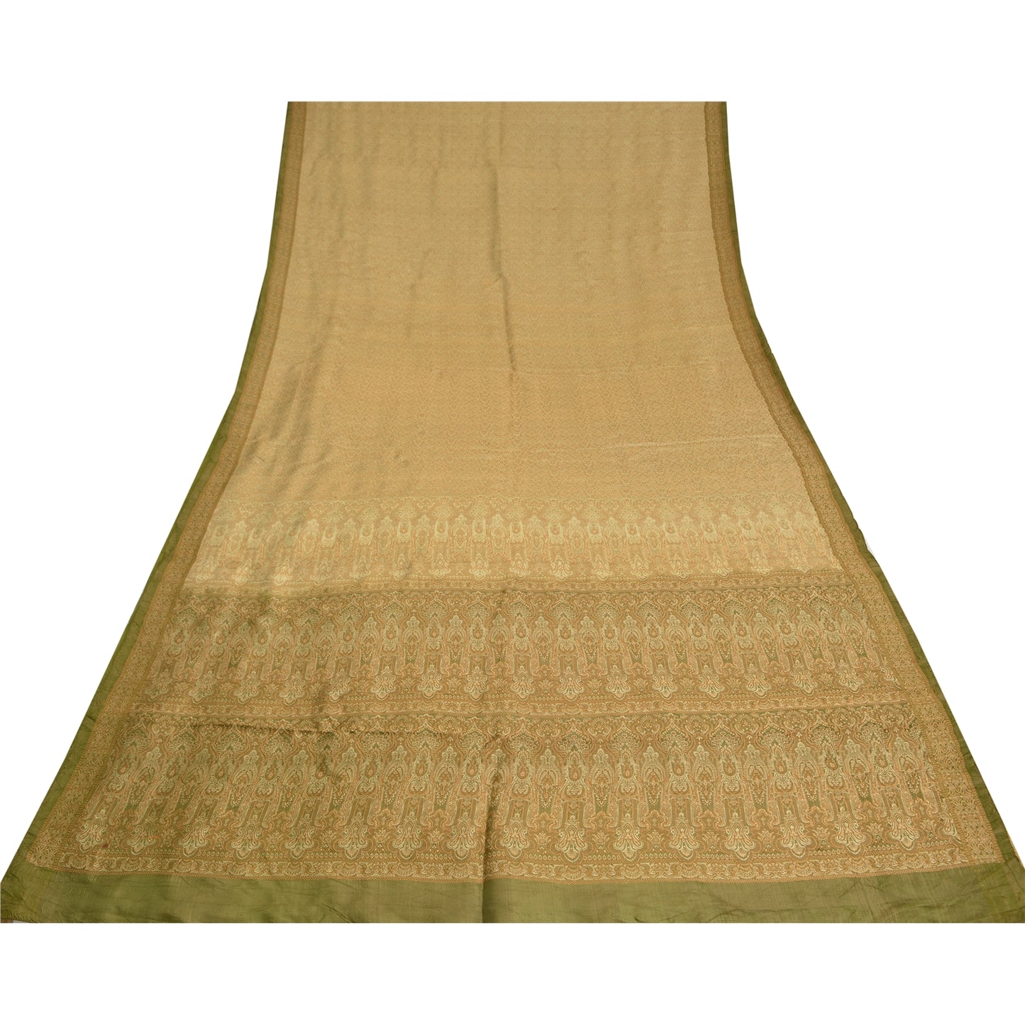 Sanskriti Vintage Green Sarees Pure Satin Silk Banarasi Hand Woven Tanchoi Sari