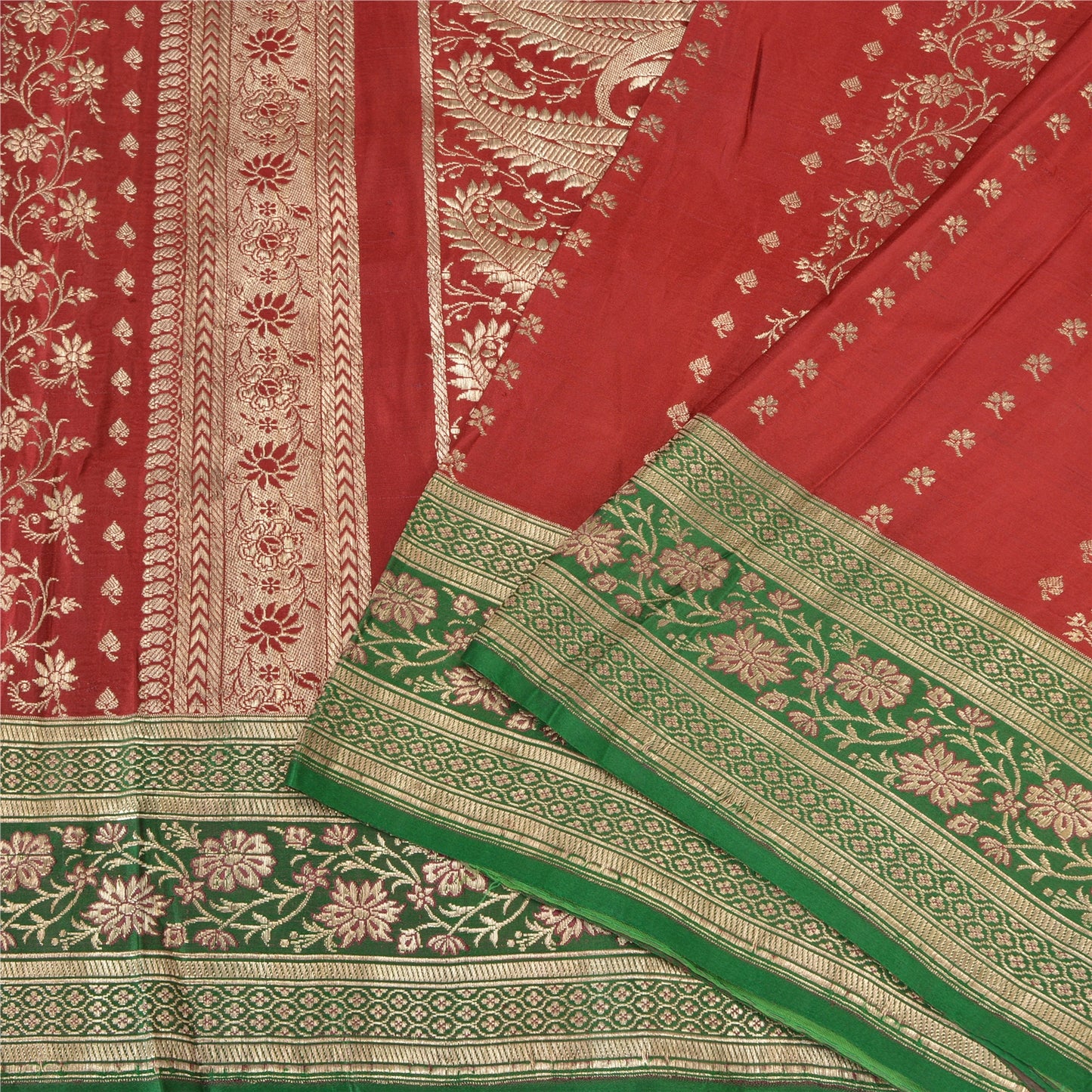 Sanskriti Vintage Red/Green Sarees Pure Satin Silk Brocade/Banarasi Sari Sustainable Fabric