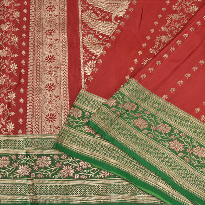 Sanskriti Vintage Red/Green Sarees Pure Satin Silk Brocade/Banarasi Sari Sustainable Fabric