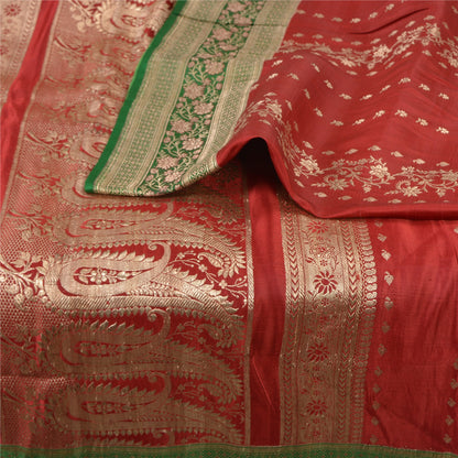 Sanskriti Vintage Red/Green Sarees Pure Satin Silk Brocade/Banarasi Sari Sustainable Fabric