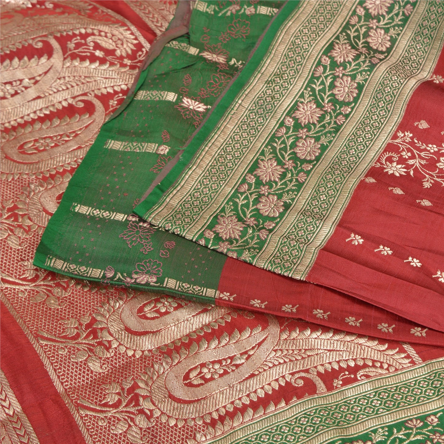 Sanskriti Vintage Red/Green Sarees Pure Satin Silk Brocade/Banarasi Sari Sustainable Fabric