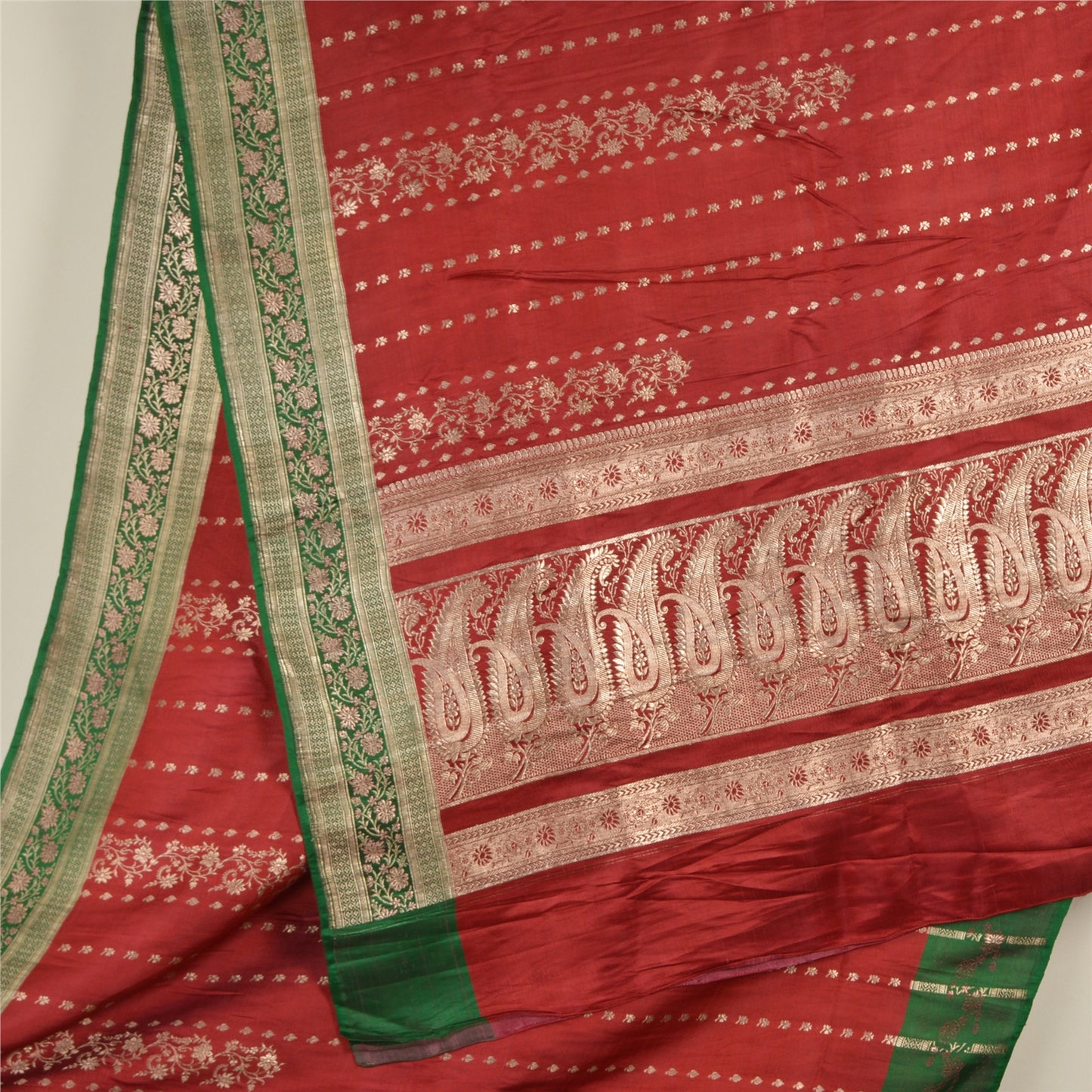 Sanskriti Vintage Red/Green Sarees Pure Satin Silk Brocade/Banarasi Sari Sustainable Fabric