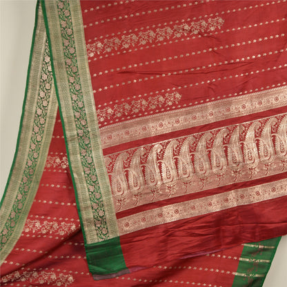 Sanskriti Vintage Red/Green Sarees Pure Satin Silk Brocade/Banarasi Sari Sustainable Fabric