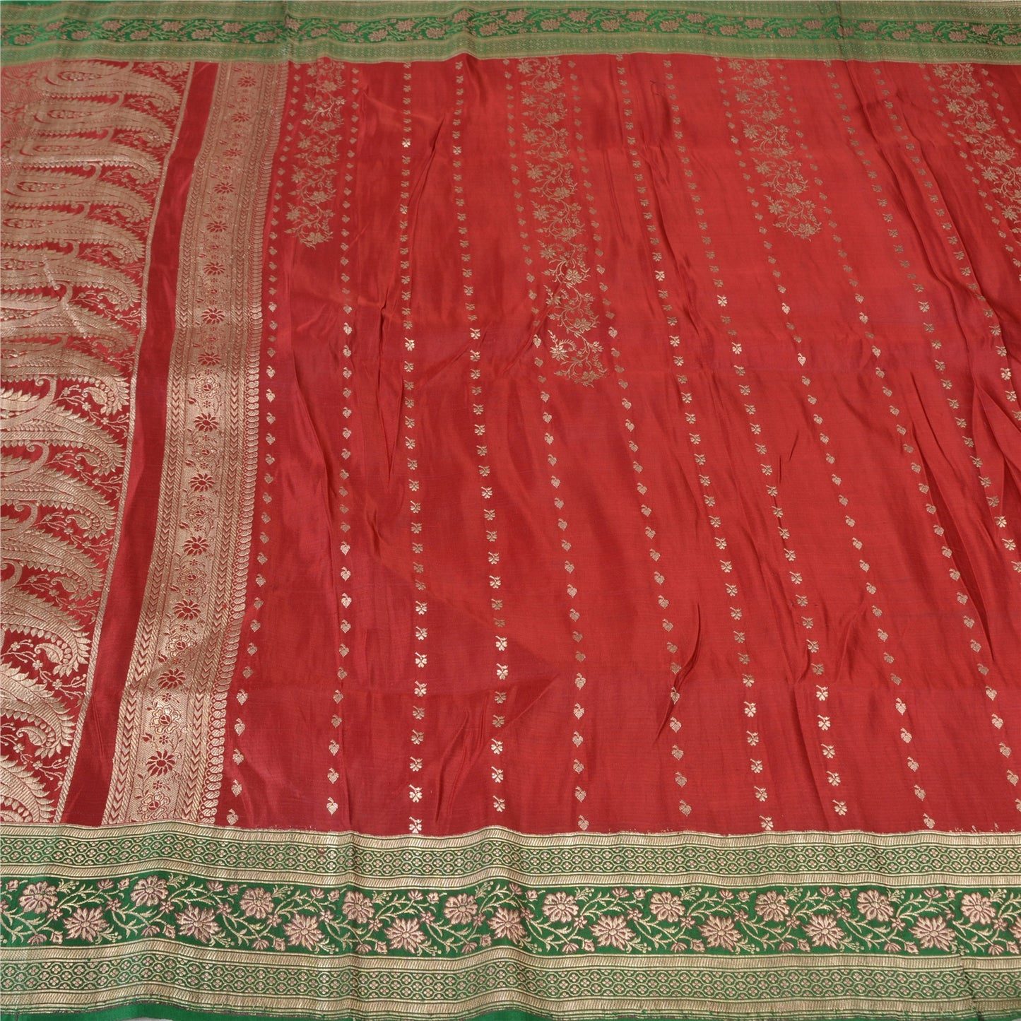 Sanskriti Vintage Red/Green Sarees Pure Satin Silk Brocade/Banarasi Sari Sustainable Fabric