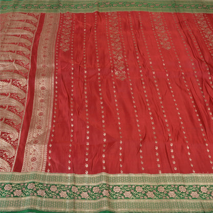 Sanskriti Vintage Red/Green Sarees Pure Satin Silk Brocade/Banarasi Sari Sustainable Fabric