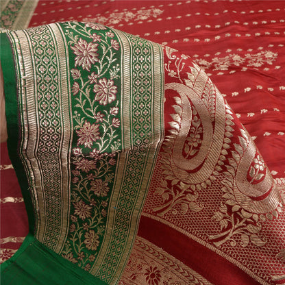 Sanskriti Vintage Red/Green Sarees Pure Satin Silk Brocade/Banarasi Sari Sustainable Fabric