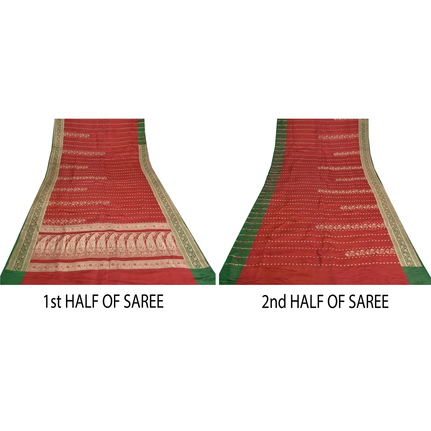 Sanskriti Vintage Red/Green Sarees Pure Satin Silk Brocade/Banarasi Sari Sustainable Fabric
