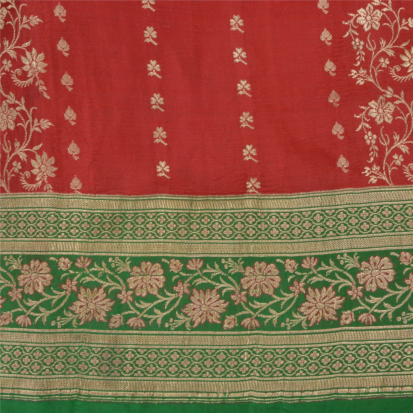 Sanskriti Vintage Red/Green Sarees Pure Satin Silk Brocade/Banarasi Sari Sustainable Fabric