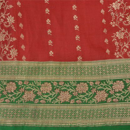 Sanskriti Vintage Red/Green Sarees Pure Satin Silk Brocade/Banarasi Sari Sustainable Fabric
