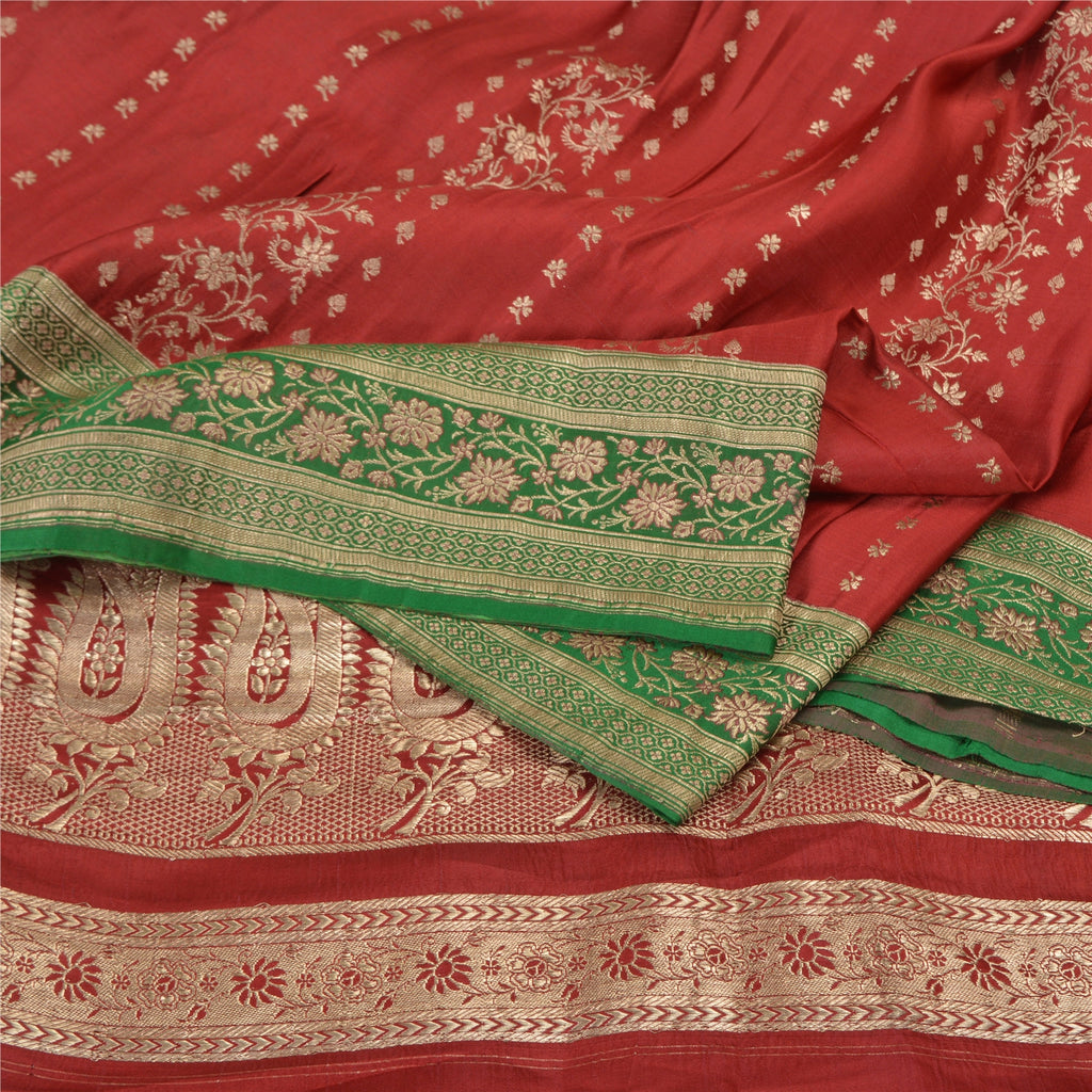 Sanskriti Vintage Red/Green Sarees Pure Satin Silk Brocade/Banarasi Sari Sustainable Fabric
