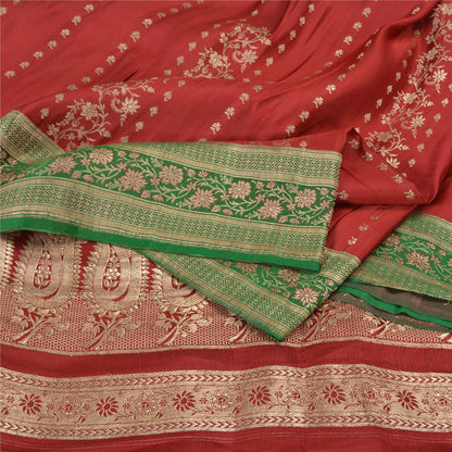 Sanskriti Vintage Red/Green Sarees Pure Satin Silk Brocade/Banarasi Sari Sustainable Fabric