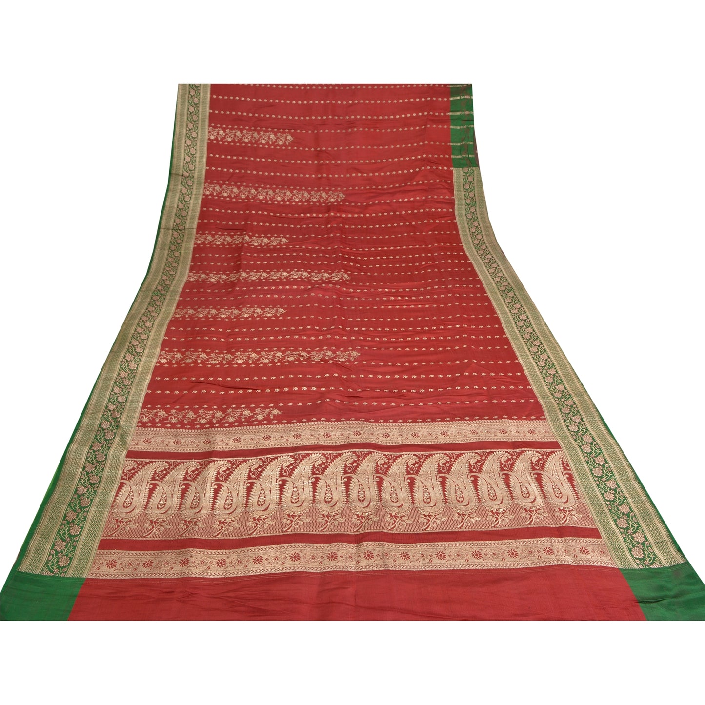 Sanskriti Vintage Red/Green Sarees Pure Satin Silk Brocade/Banarasi Sari Sustainable Fabric